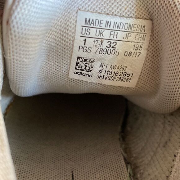 TWO pairs of ADIDAS white sneakers, sizes 13 and 1. - Picture 6 of 6